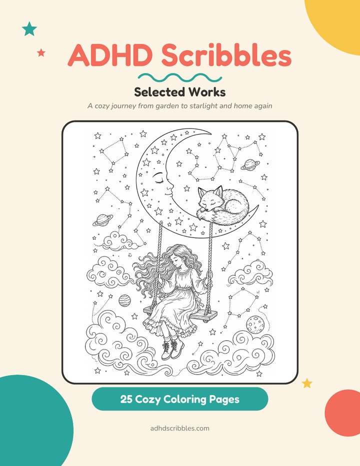 Cover of ADHD Scribbles: Selected Works, showing a girl on a moon swing