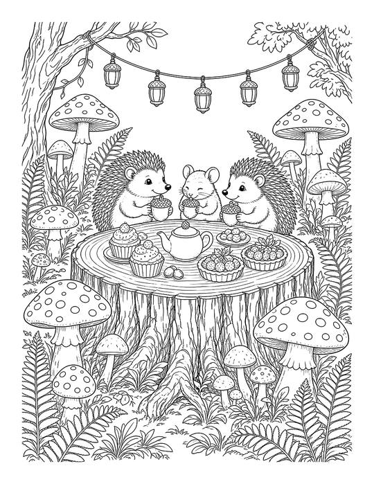 Coloring page: hedgehogs having a tea party under string lights