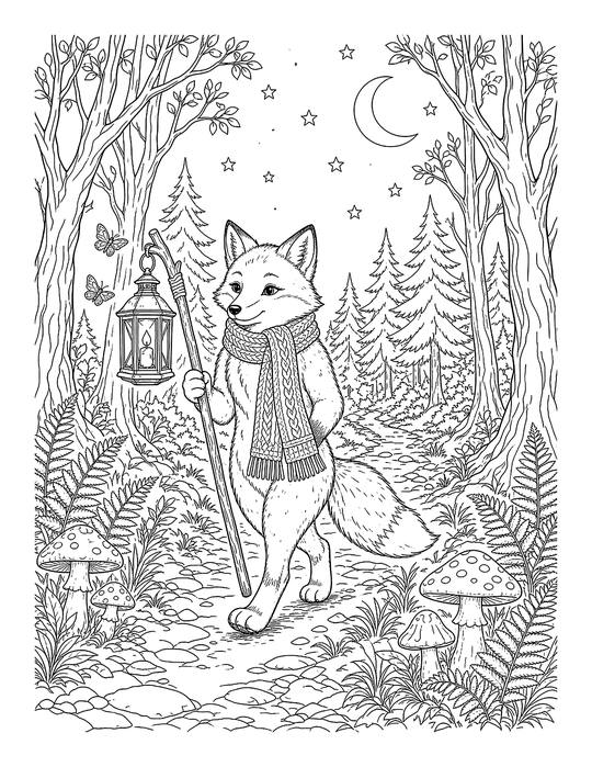 Coloring page: a fox in a cloak carrying a lantern through the woods