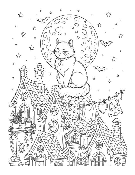 Coloring page: a cat sitting on rooftops under a big full moon