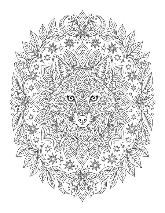 Coloring page: an intricate round mandala with a fox face at the center