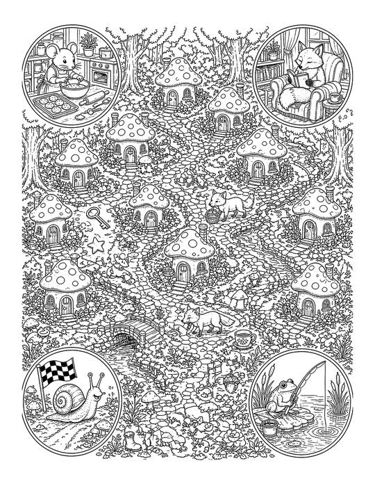 Coloring page: a seek-and-find mushroom village with little story scenes in each corner