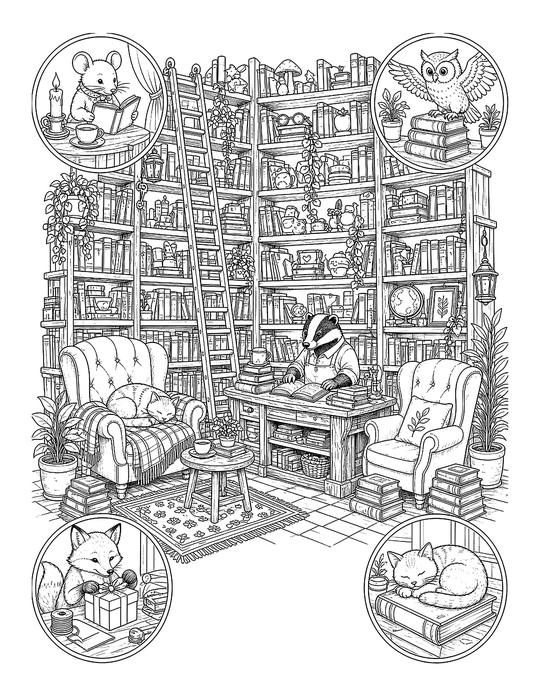 Coloring page: a cozy bookshop crammed with shelves, a reading fox and a napping cat